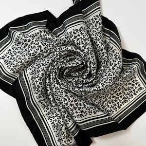 Vintage 26” Black & White Floral Silky Square Scarf Italian Flag Detail